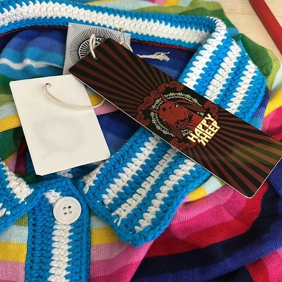 Happy Sheep Short Striped Rainbow Cardigan with Crochet Details- NEW - Medium - Picture 7 of 11